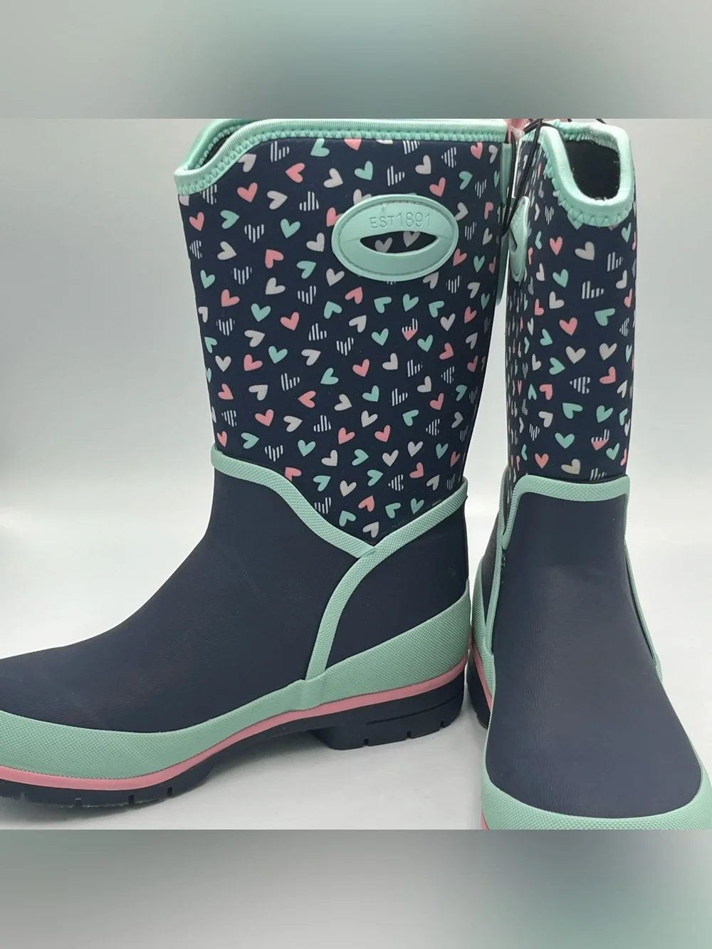 Western Chief Girls Sweethearts Waterproof Neoprene Navy Hearts Rain Boots Sz 5